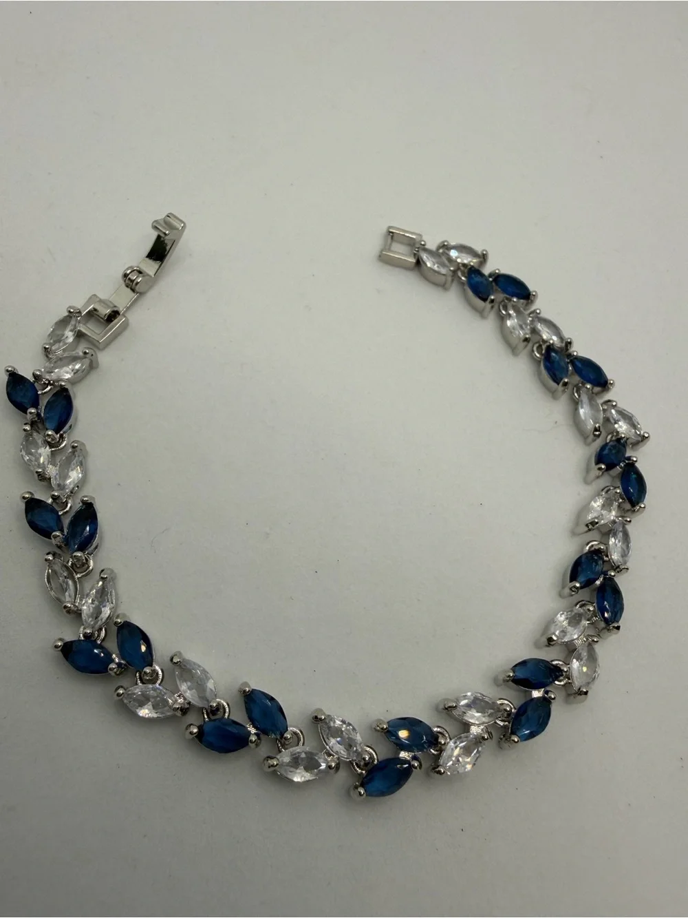 Silver Tennis Bracelet with Blue and Clear Marquise Stones - Women Jewelry